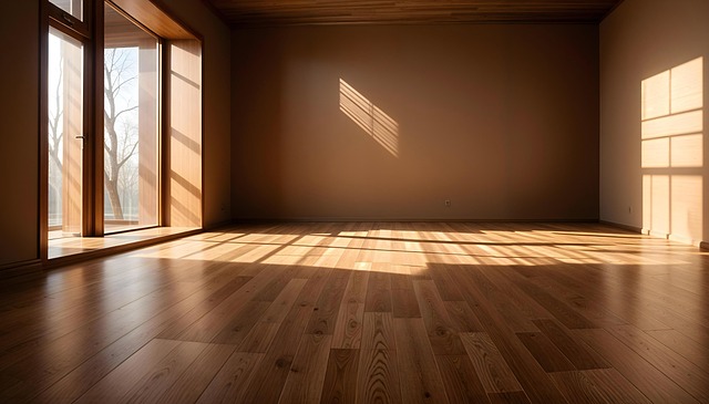 Empty sunlit room with wooden floor and large windows casting shadows